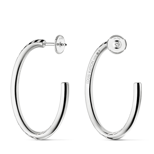Catégories Boucles d'Oreilles Créoles larges Le Damier de Louis Vuitton, or blanc et diamants | Louis Vuitton ® (Zoom produit)