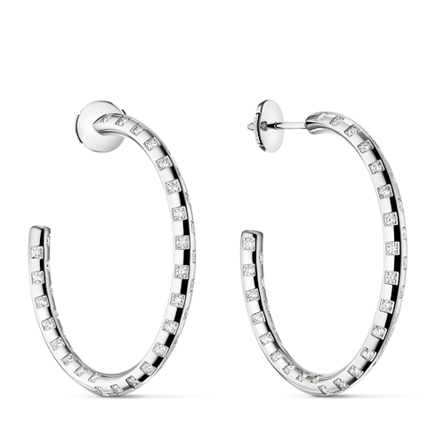 Catégories Boucles d'Oreilles Créoles larges Le Damier de Louis Vuitton, or blanc et diamants | Louis Vuitton ® (Zoom produit)