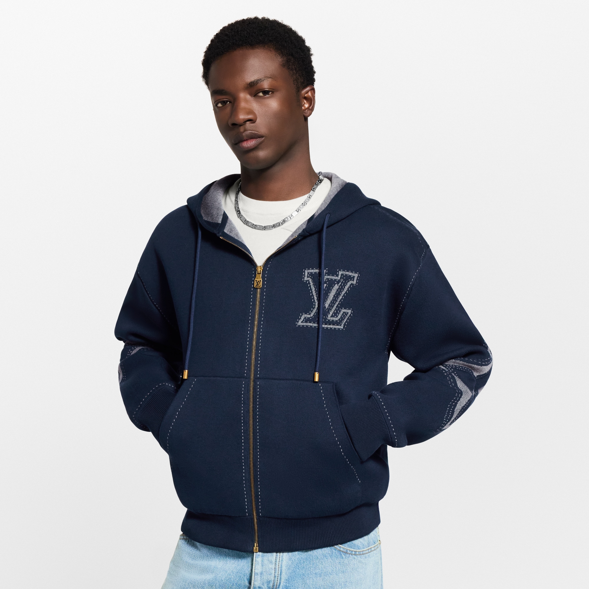  Ready-to-Wear All Ready-to-Wear Graphic Intarsia Zipped Cotton Hoodie | Louis Vuitton ® (Product zoom)