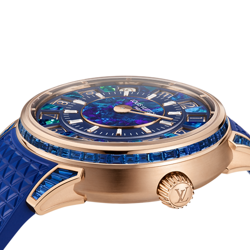 All Watches } Tambour Spin Time, Automatic, 39.5mm, Rose gold, opal and sapphires | Louis Vuitton ® (Product zoom)