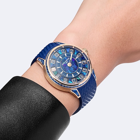 Collections } Tambour Spin Time, Automatique, 39,5 mm, or rose, opale et saphirs | Louis Vuitton ® (Zoom produit)