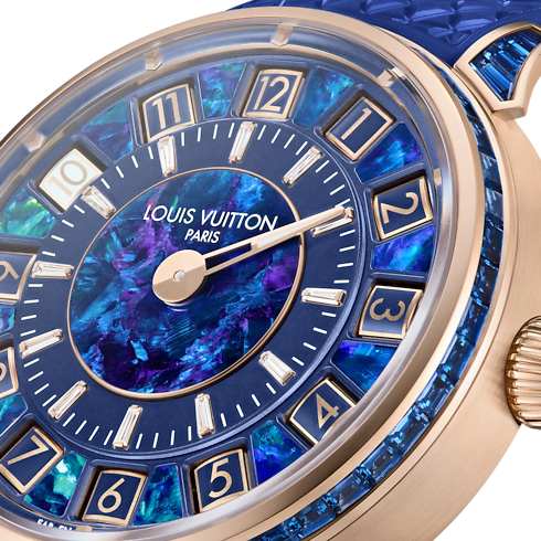 Collections } Tambour Spin Time, Automatique, 39,5 mm, or rose, opale et saphirs | Louis Vuitton ® (Zoom produit)