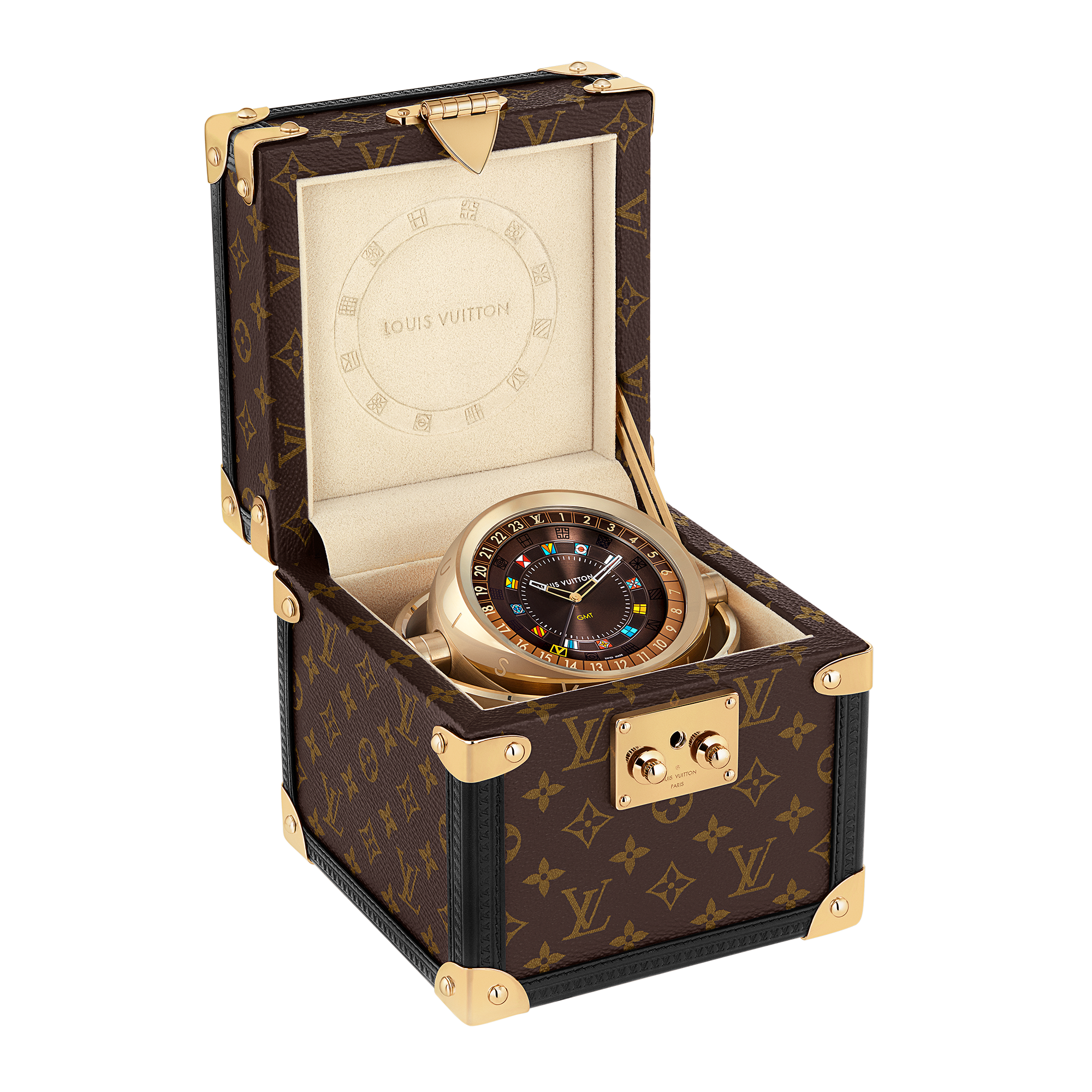  All Watches } Trunk Table Clock, Quartz, 80mm, Brass, Monogram | Louis Vuitton ® (Product zoom)