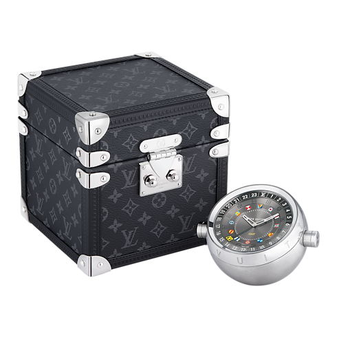 All Watches } Trunk Table Clock, Quartz, 80mm, Brass, Monogram Eclipse | Louis Vuitton ® (Product zoom)